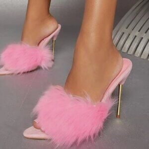 Fuzzy Strap open Toe Mule Heels